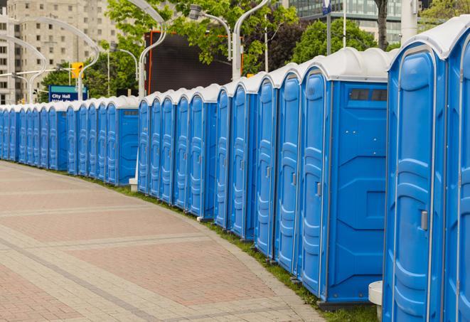 a line of portable restrooms at an outdoor wedding, catering to guests with style and comfort in Albany